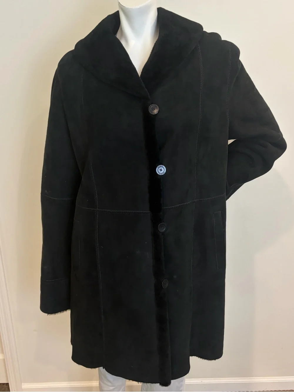 STEFANIA SARLE Black Genuine Nubuck Shearling Leather Button Up Coat